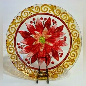 Fused Glass Hand Painted Poinsettia Christmas Holiday Serving Plate Tray 11.5”